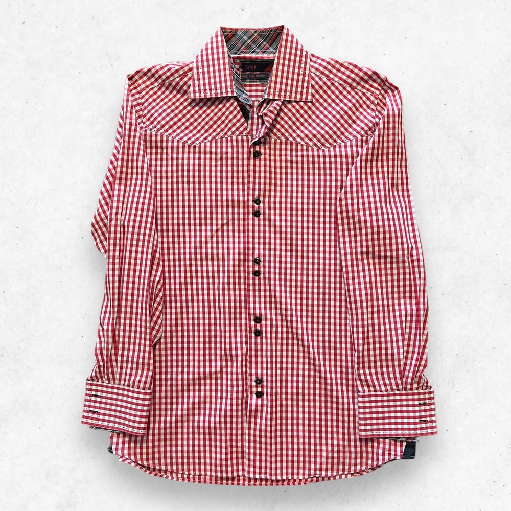BriO Pure Cotton‎ Long Sleeves Men's L 16.5/17 Checkered White Red Western